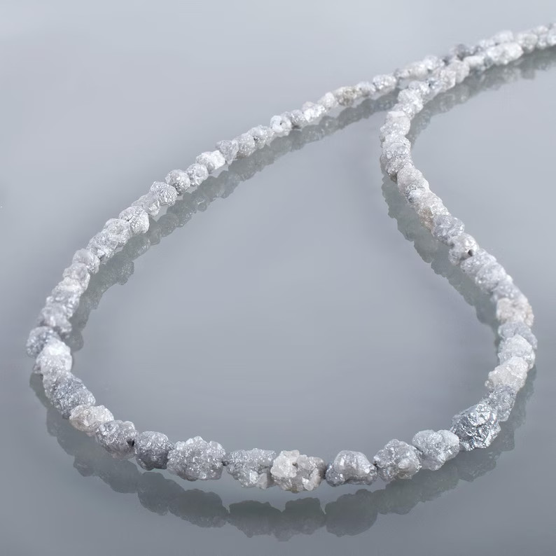 Natural Rough Gray Diamond Nuggets Beaded Necklace 925 Sterling Silver Gift 18″