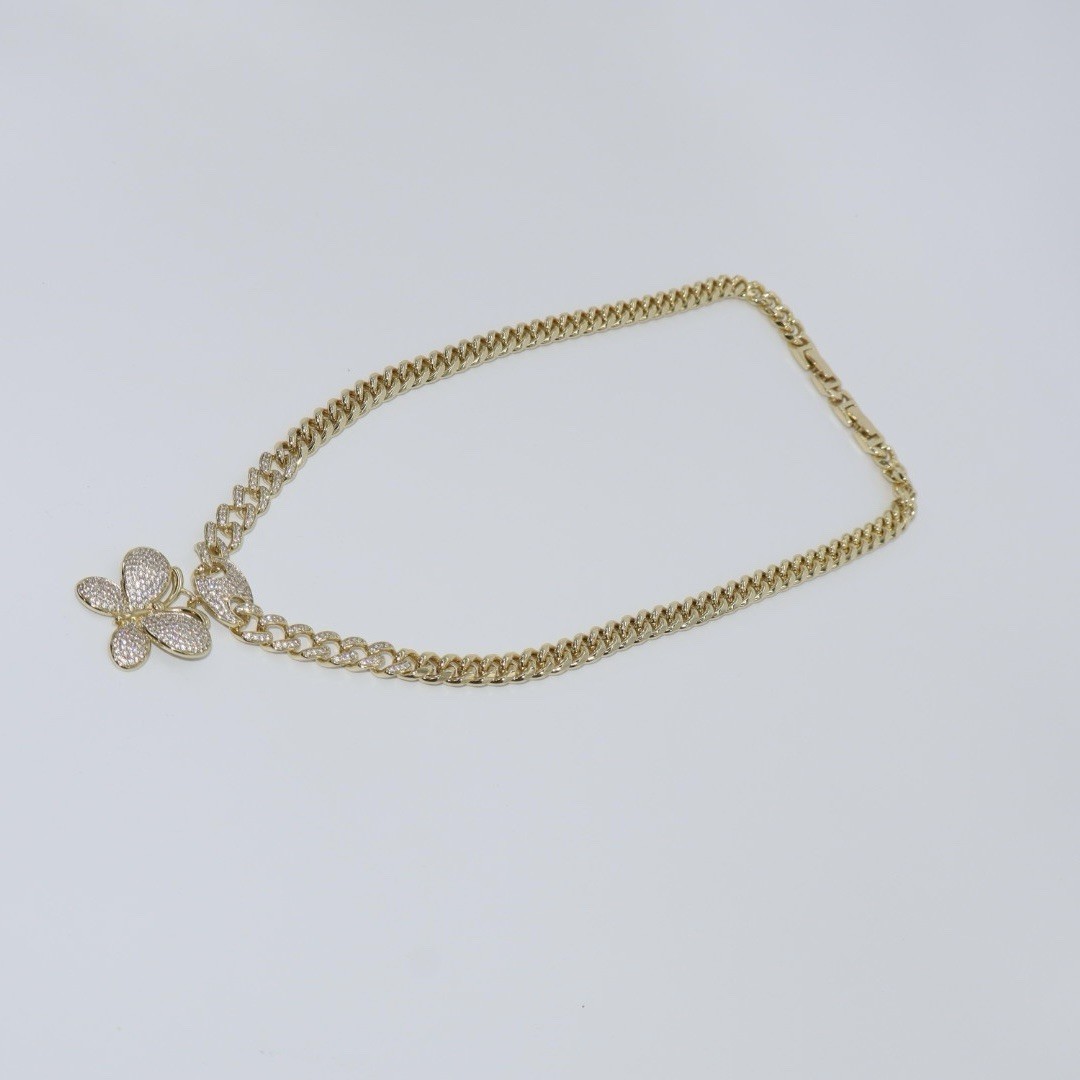 Gold Tone Cuban Link Chain Necklace w/ Butterfly Charm Pendant Clear Rhinestones