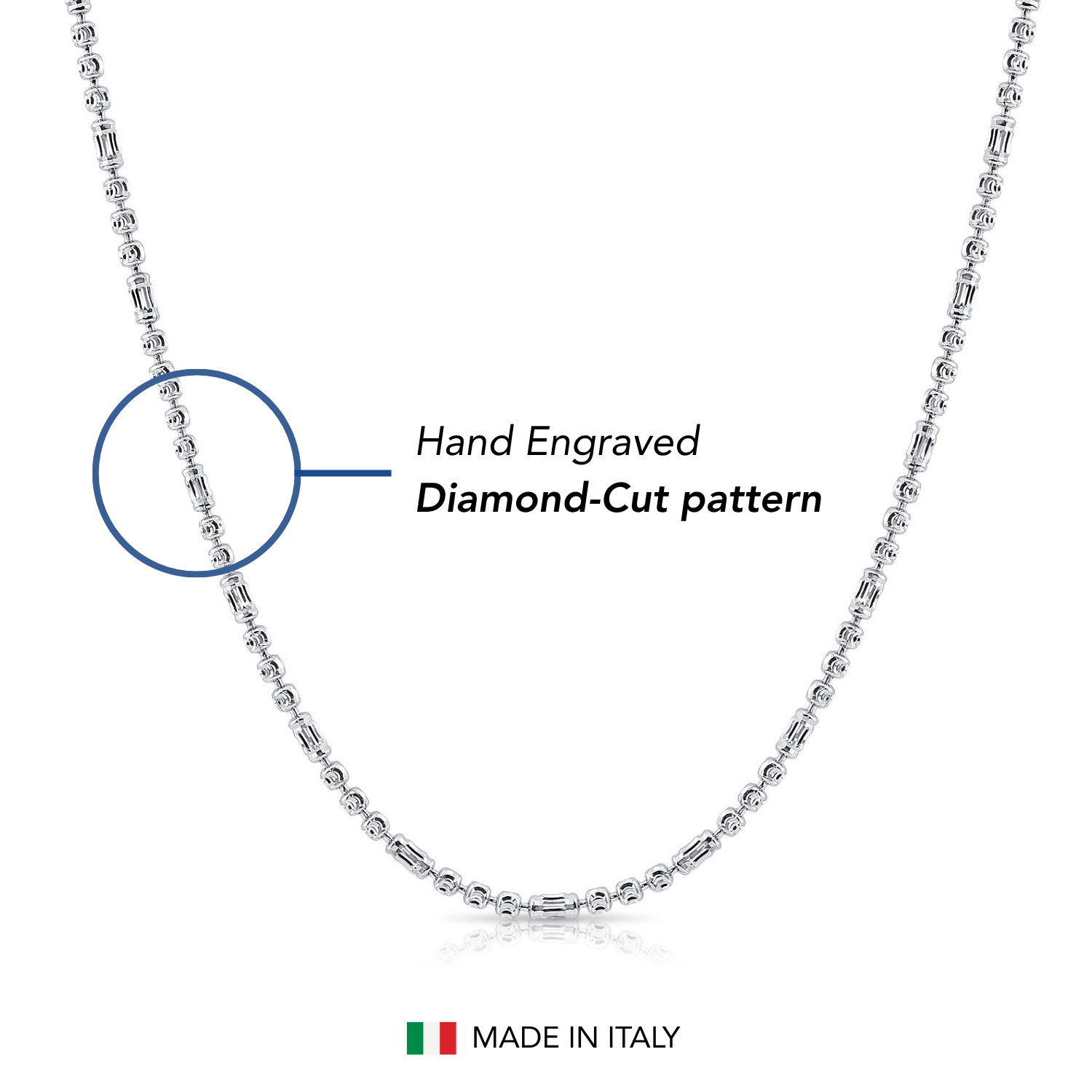 Solid 925 Sterling Silver 2.5mm Diamond-Cut Beaded Chain Italian Necklace 16″-22