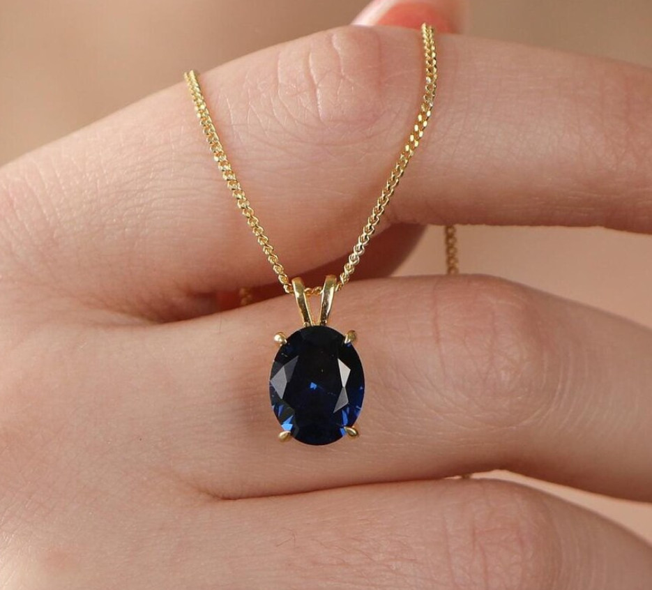 Genuine Blue Sapphire Pendant Necklace 925 Silver Birthstone Sapphire Jewelry