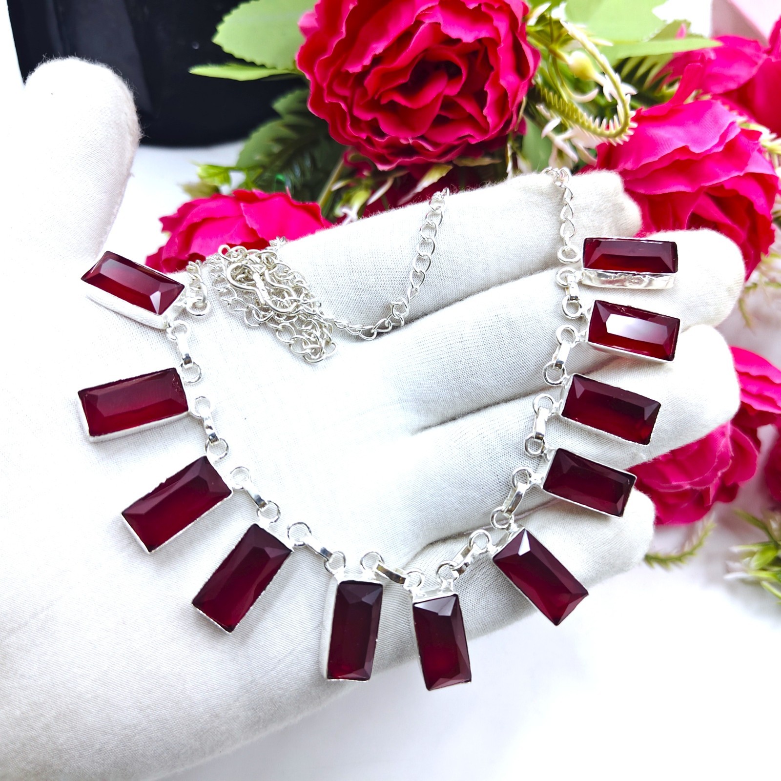 Red Garnet Gemstone Handmade 925 Sterling Silver Jewelry Necklace Size-17-18″