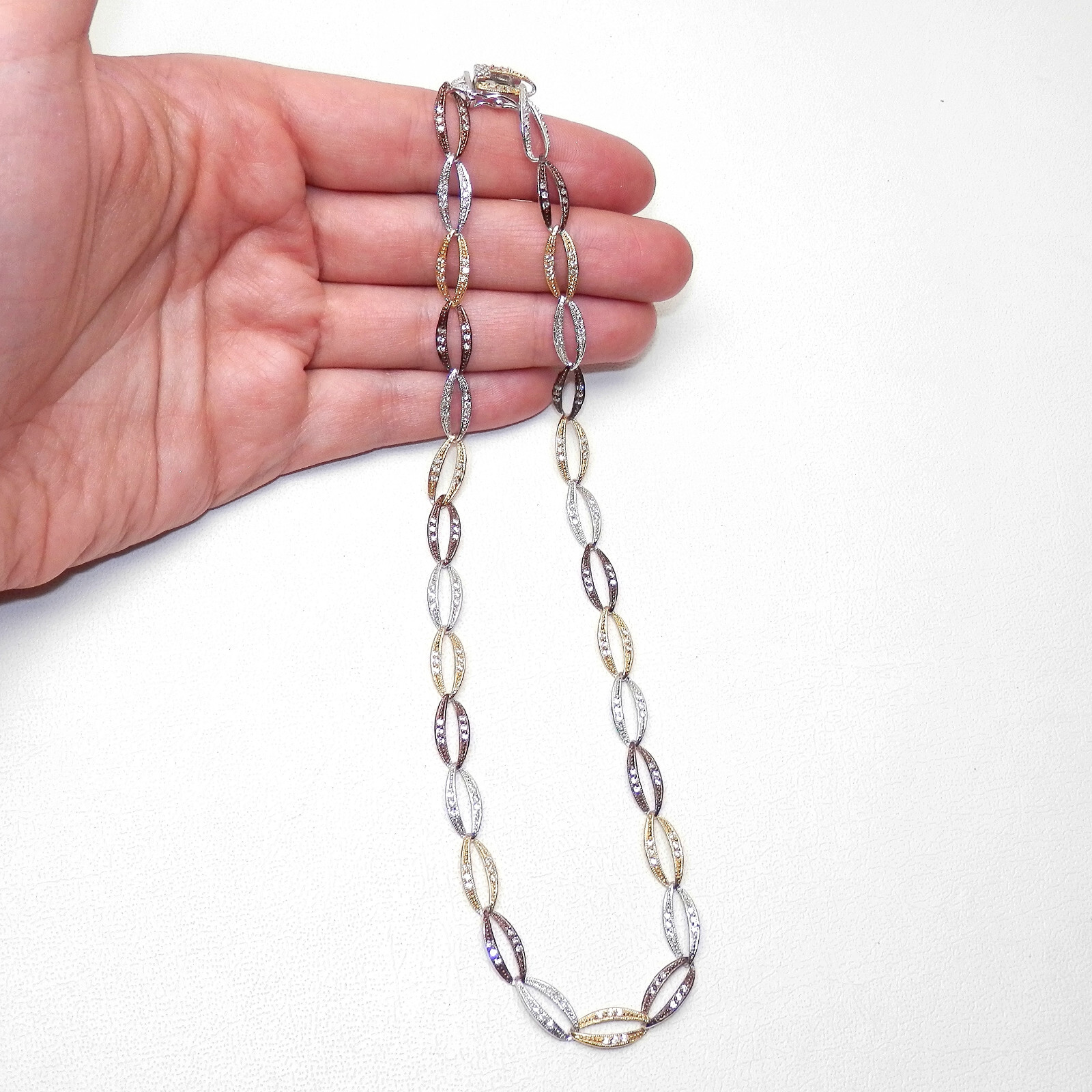 925 Sterling Silver Tri Color Gold Vermeil Oval Link Tennis Crystal Necklace