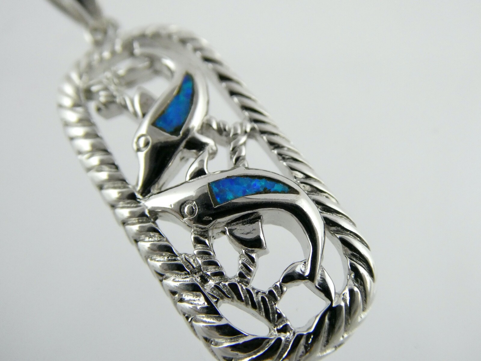 Sterling Silver Simulated Blue Opal Inlay Two Dolphin Pendant 925 5.3g 1 3/8 In