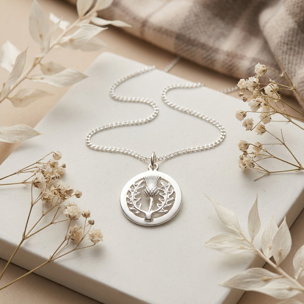 Scottish sterling silver thistle pendant necklace with 18″ silver chain & box