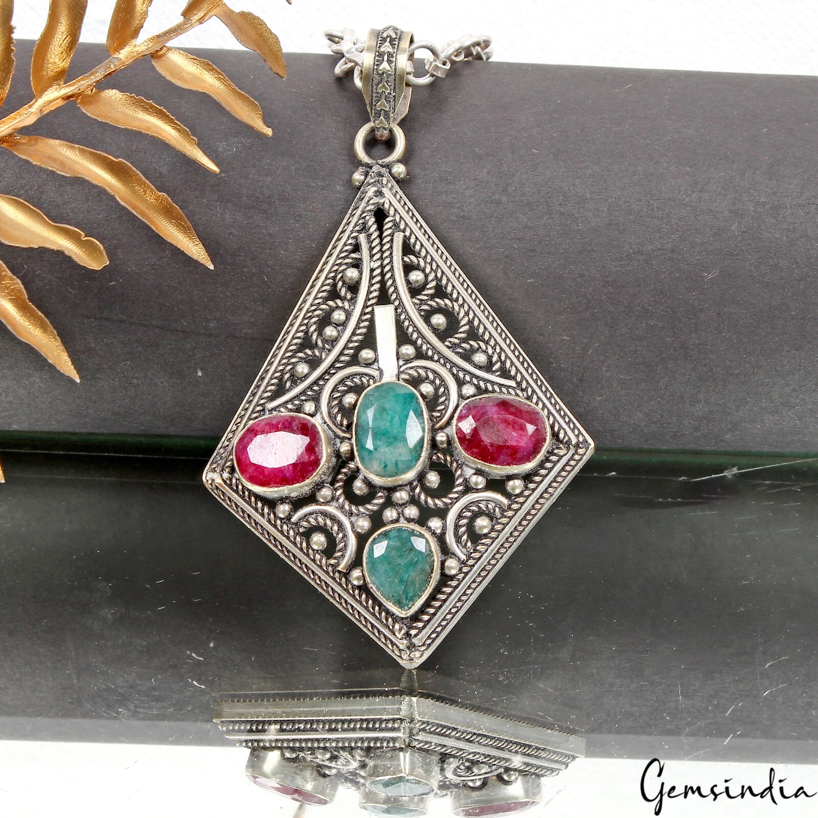 22.5g Multi Color Gems Hand Crafted German Silver Pendant Women Jewelry 3.25inch