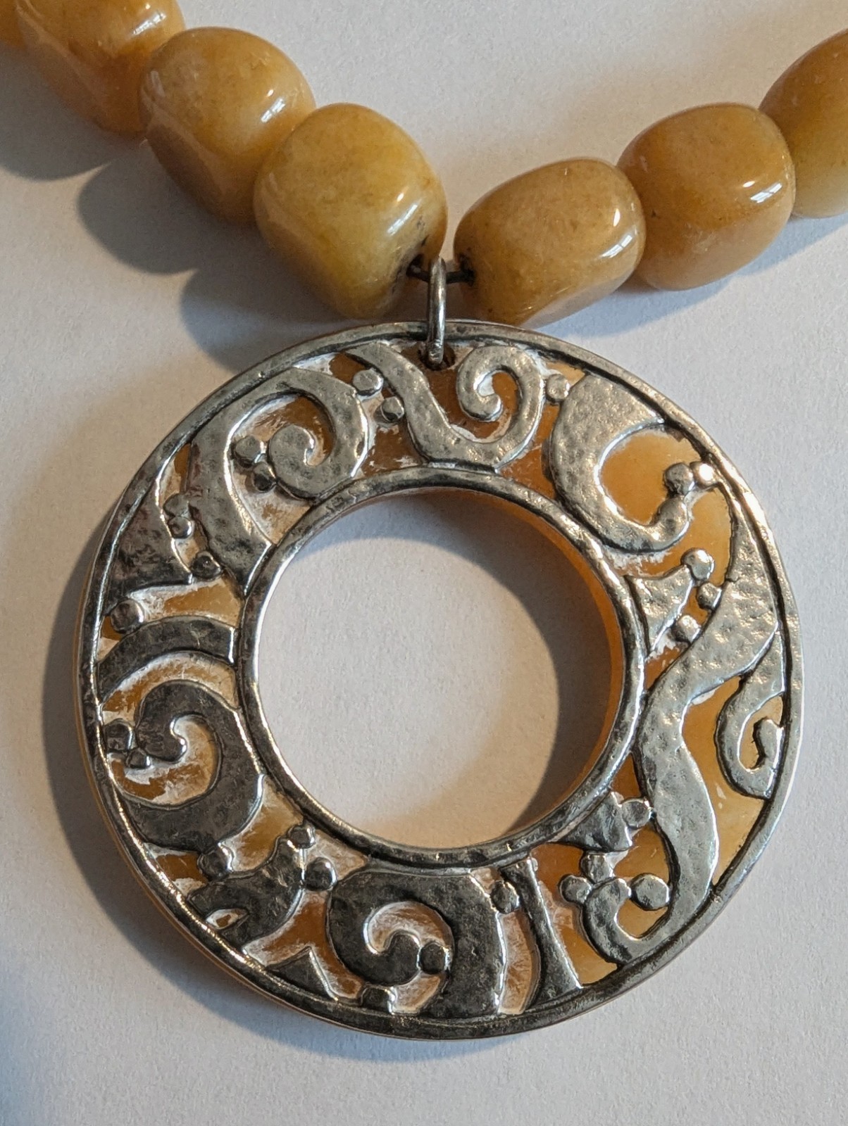 Silpada N1837 Serpentine Yellow Jade Bead Disc Necklace Sterling Silver Filigree