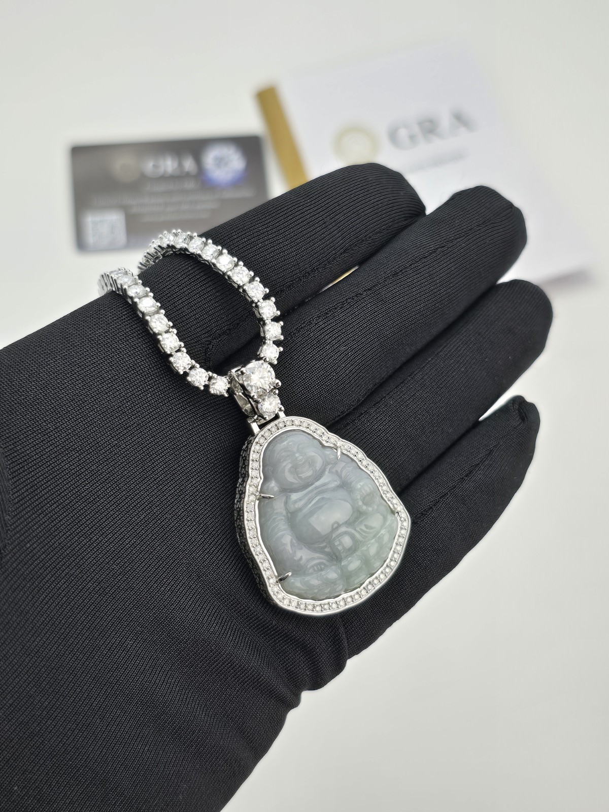 Jade Buddha Pendant Necklace VVS1 Moissanite Tennis Chain 925 Silver 22