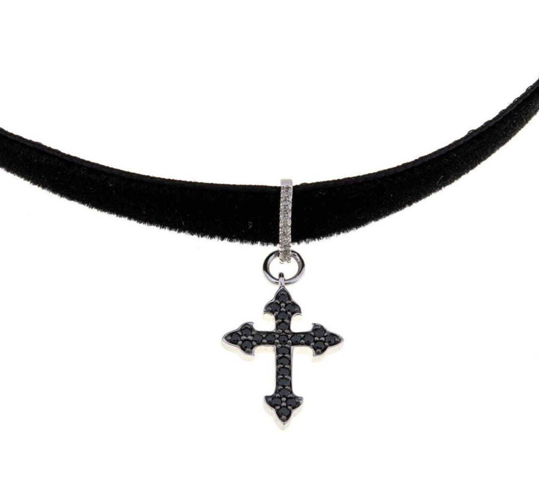 Rarities Sterling Silver Luxe Black Velvet Choker, Gothic Cross, Gemstone, 15in