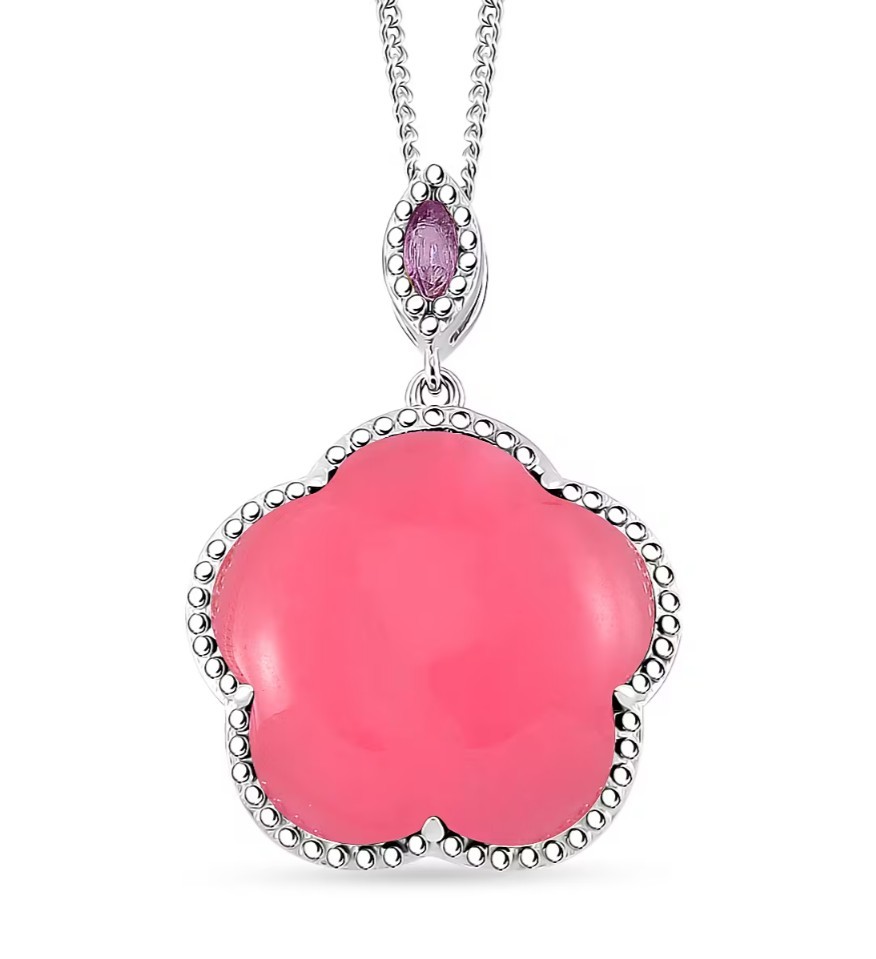 Pink Jade & Pink Sapphire 15.00 ctw Cherry Blossom Pendant Necklace 18in Silver