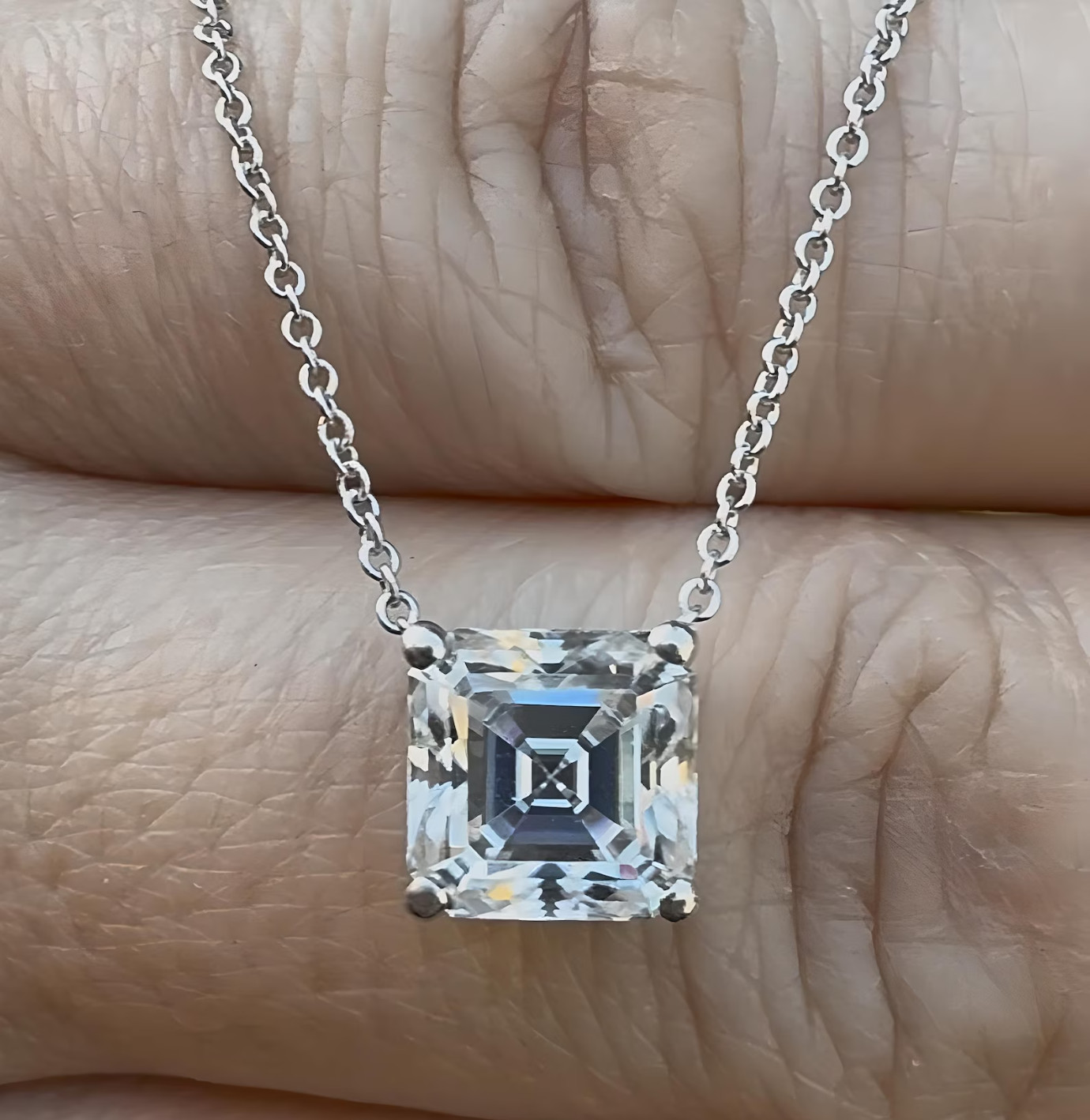 5Ct Asscher-Cut EF/VS1 Lab Grown Diamond Prong Necklace& Pendant 14k White Gold