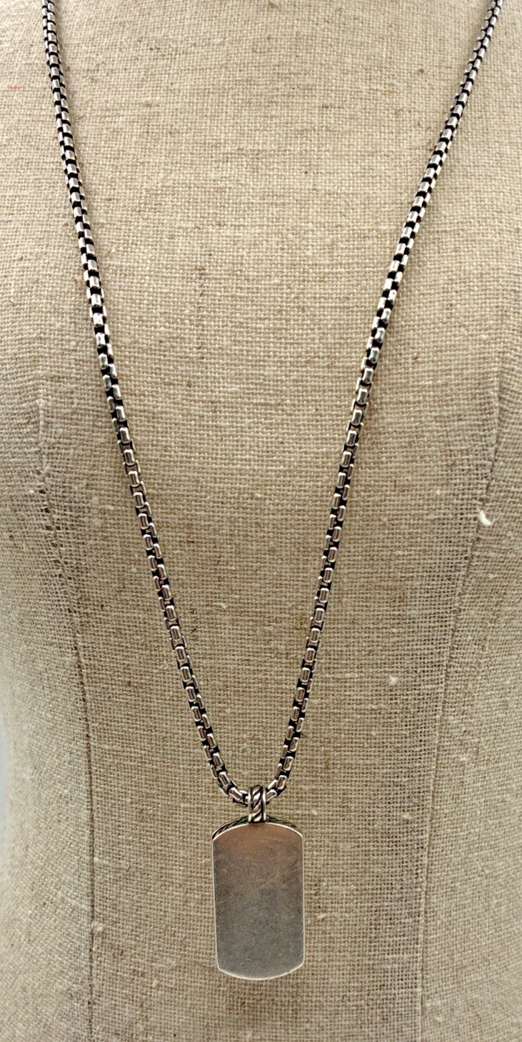 David Yurman 925 Sterling Silver Plain Dog Tag Pendant 20″ Box Chain DY Signed