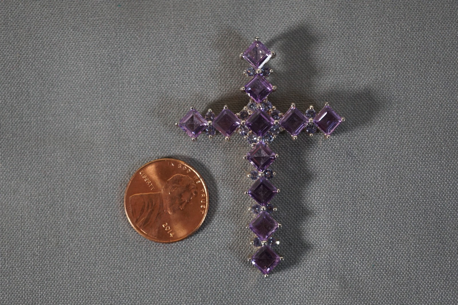 Beautiful Sterling Silver Cross Purple Stone Pendant 2″ Long