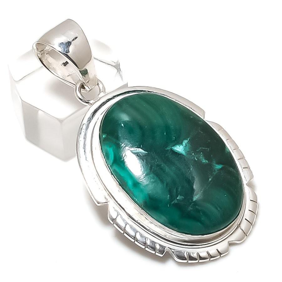 Malachite Gemstone Handmade 925 Sterling Silver Jewelry Pendant 2.05″ K804