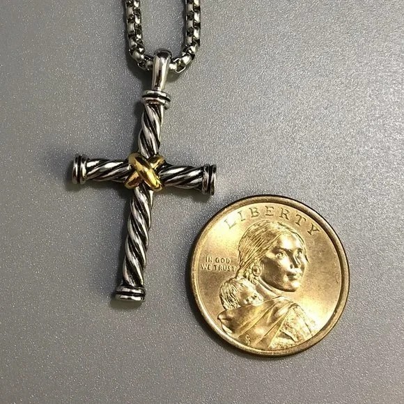 David Yurman Sterling Silver + 14k Gold Cross Pendant, DY 18-20” Necklace