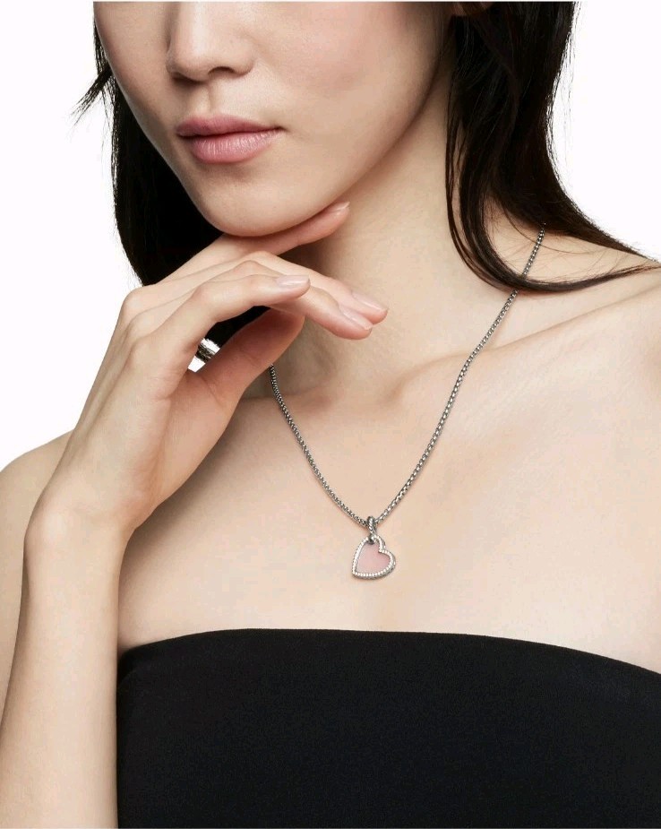 David Yurman DY Elements Pink Opal Heart Amulet Sterling Silver Pave Diamonds