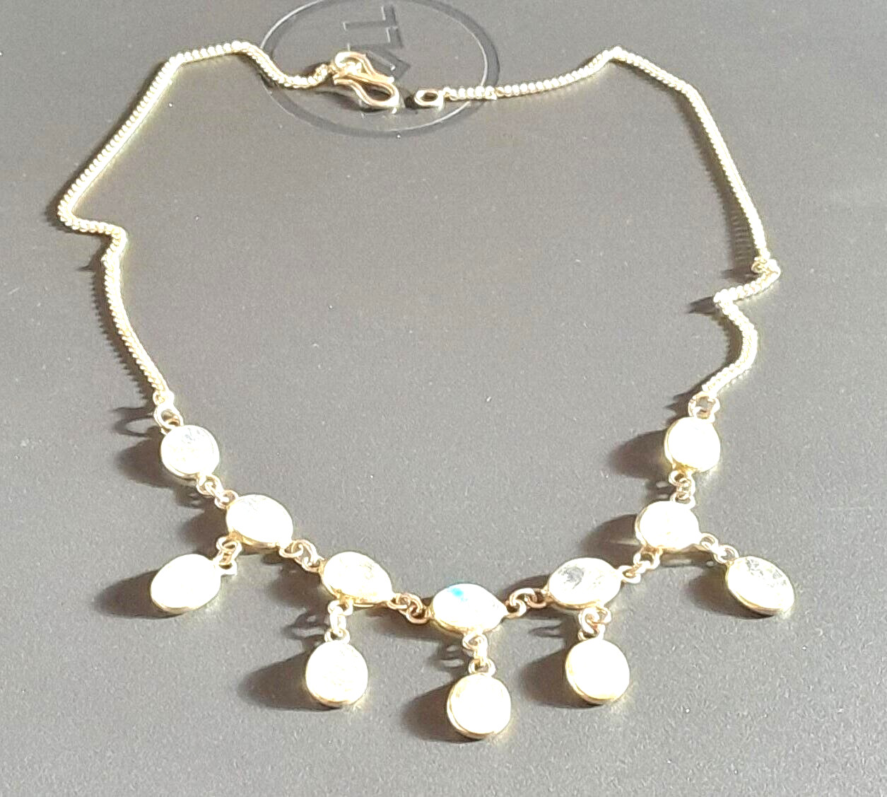 ANTIQUE 1910 STERLING SHEPHERD’S HOOK CEYLON MOON STONE NECKLACE HUES OF BLUE