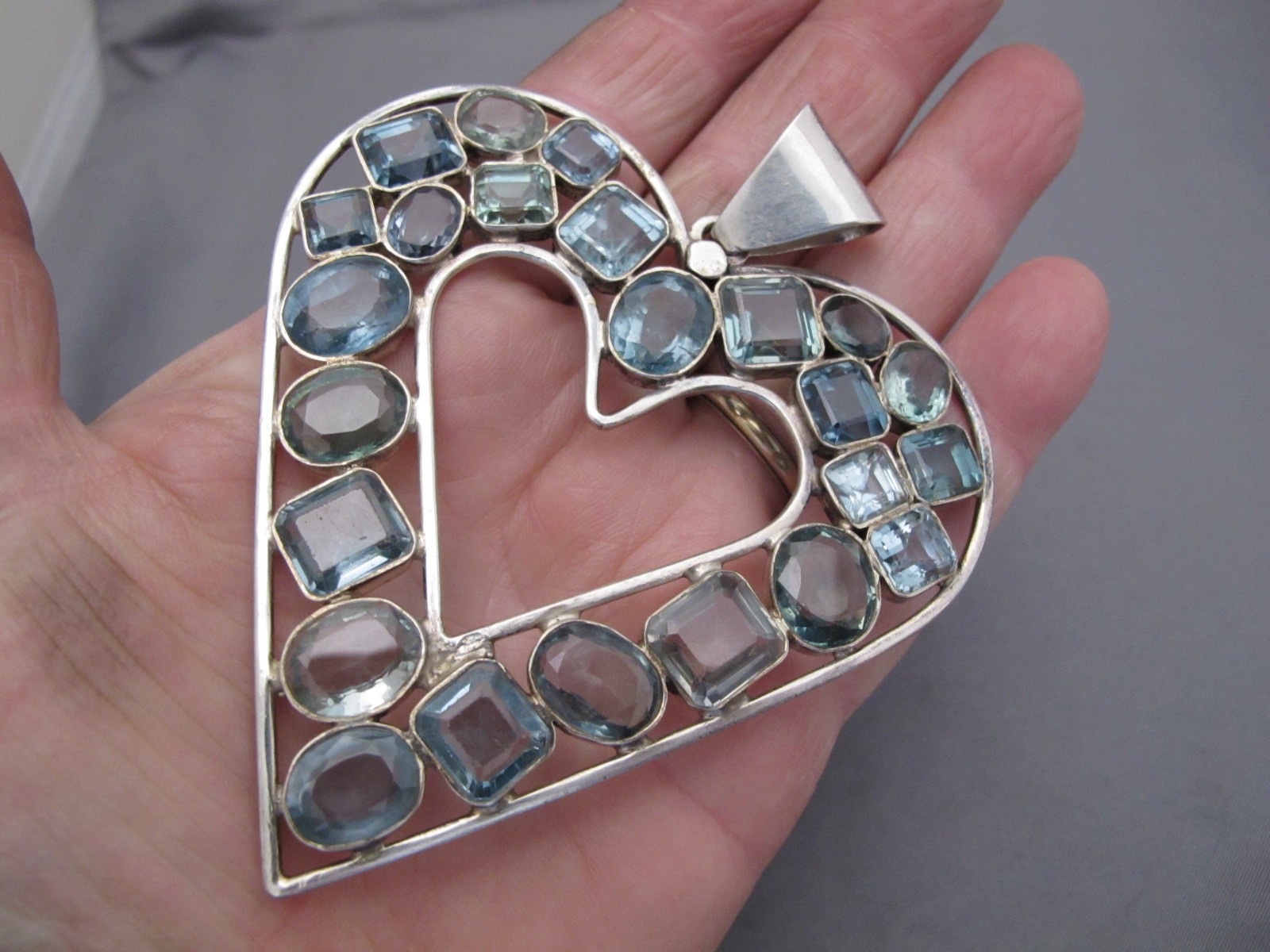 Modern HUGE Sterling HEART PENDANT w/ Multiple GREEN GEMS-4 Inches!-NR