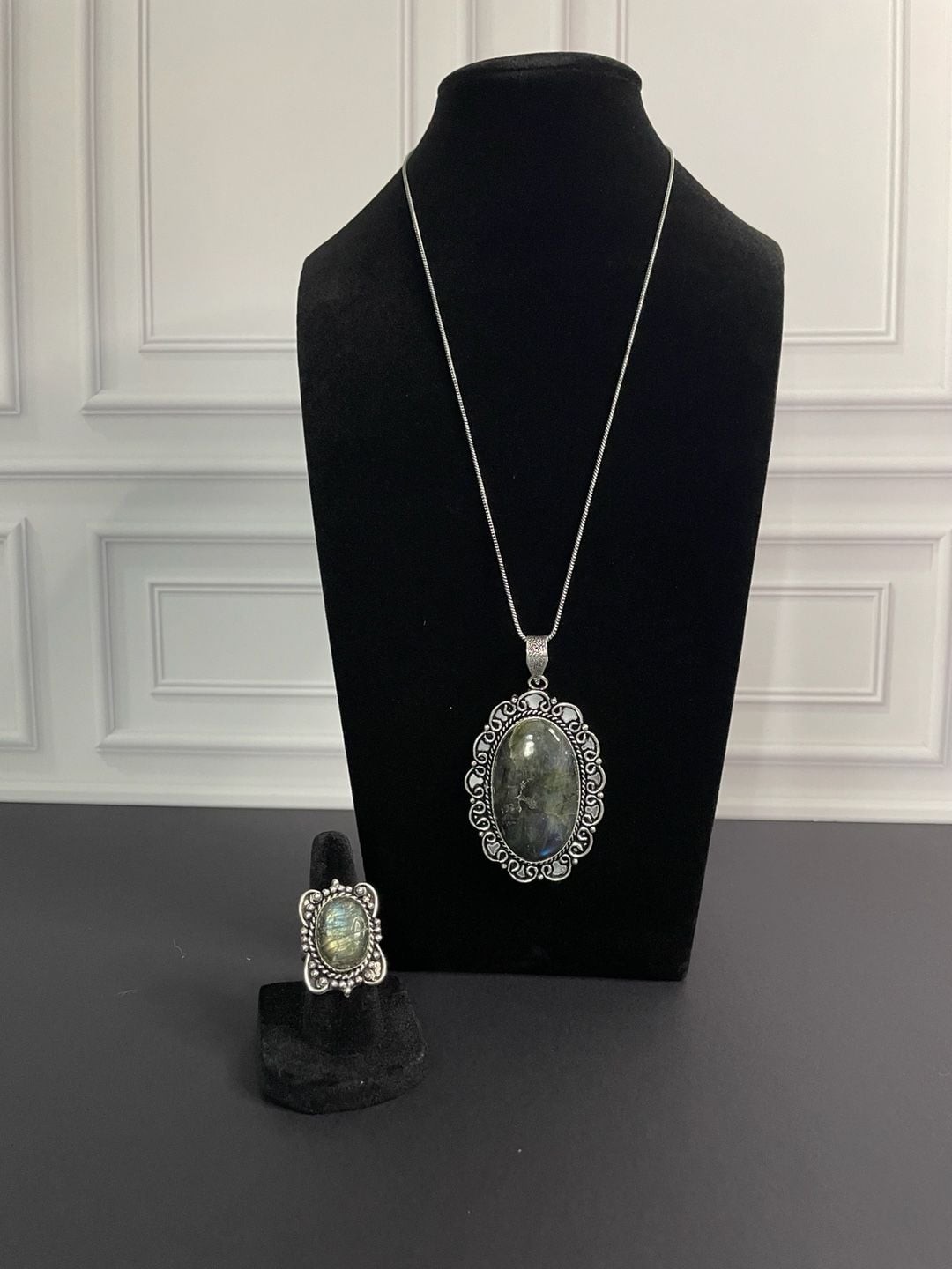 Labradorite Oval Gemstone Ring and Pendant Necklace Set in German Silver