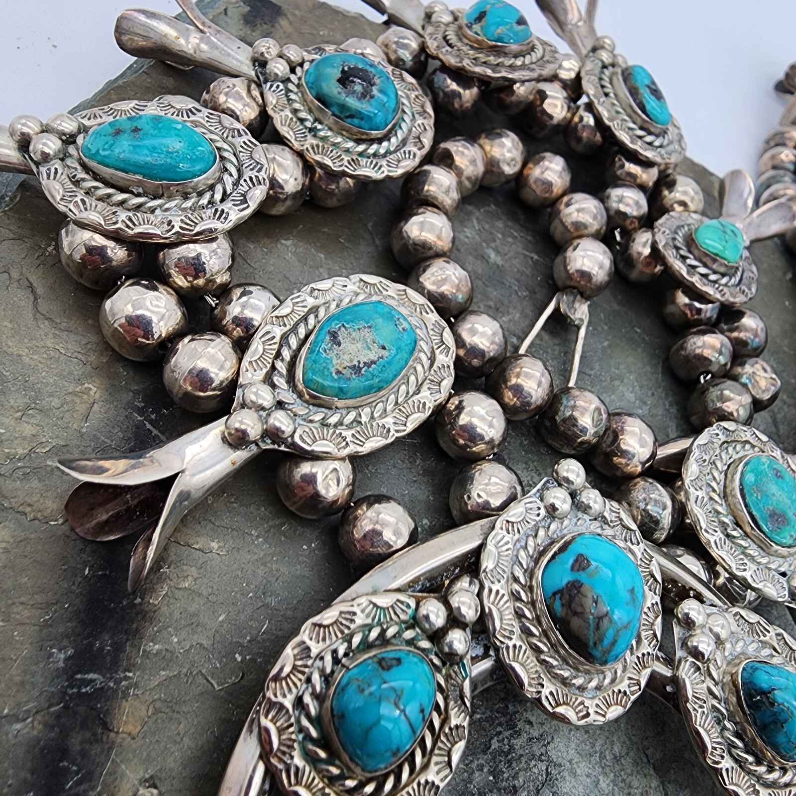 Sterling Silver 925 Navajo Calvin Desson Sleeping Beauty Squash Blossom Ag 24249