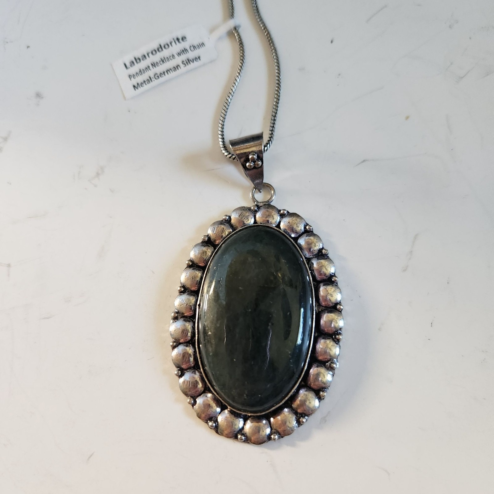 Labradorite Pendant Necklace With German Silver Chain Oval Gemstone Jewelry READ