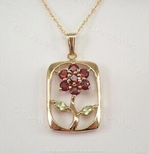 1Ct Round Cut Red Garnet Peridot Flower Pendant 14K Yellow Gold Over Free Chain