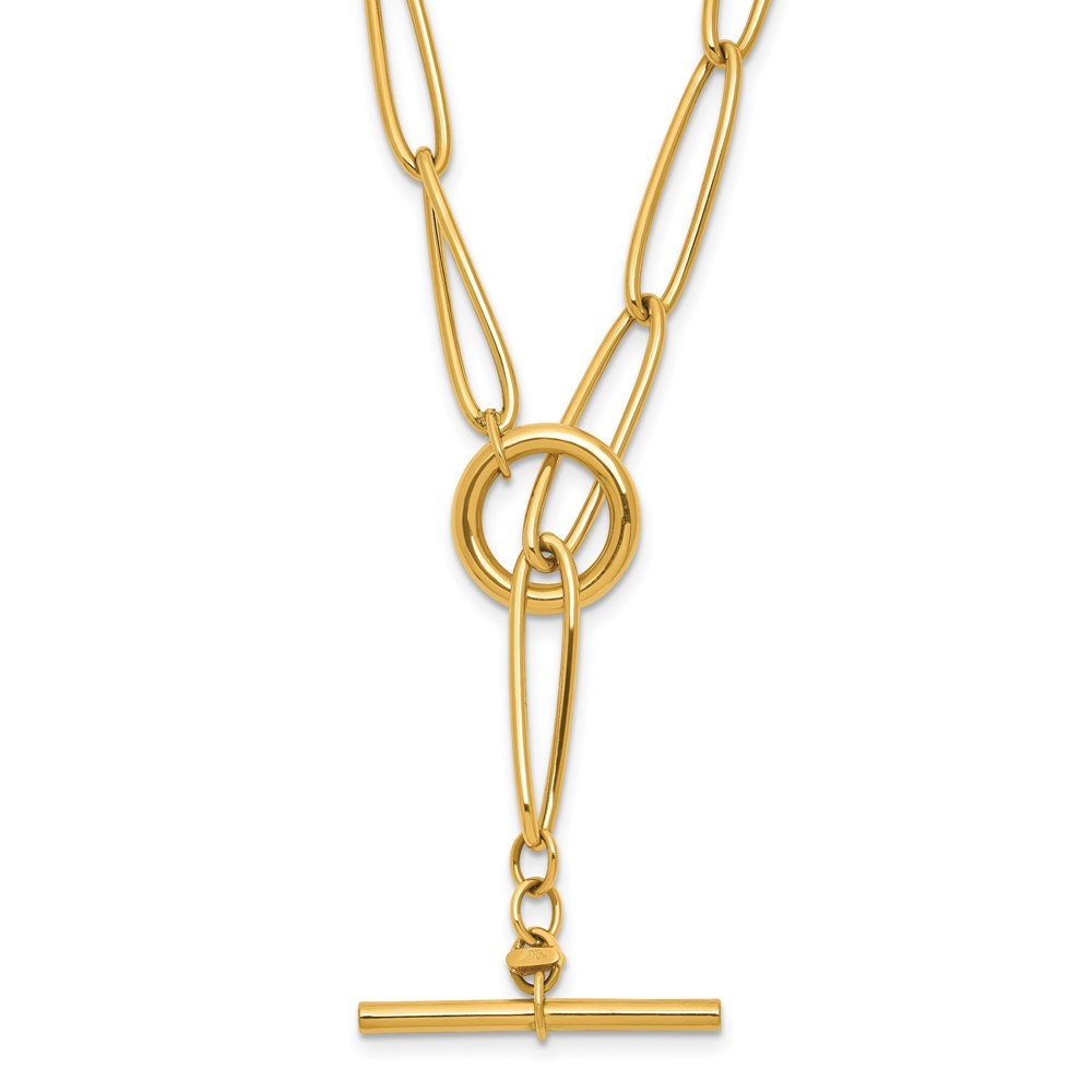 18K Yellow Gold Polished 6.4mm Oval Link Y-drop Toggle Necklace 20″