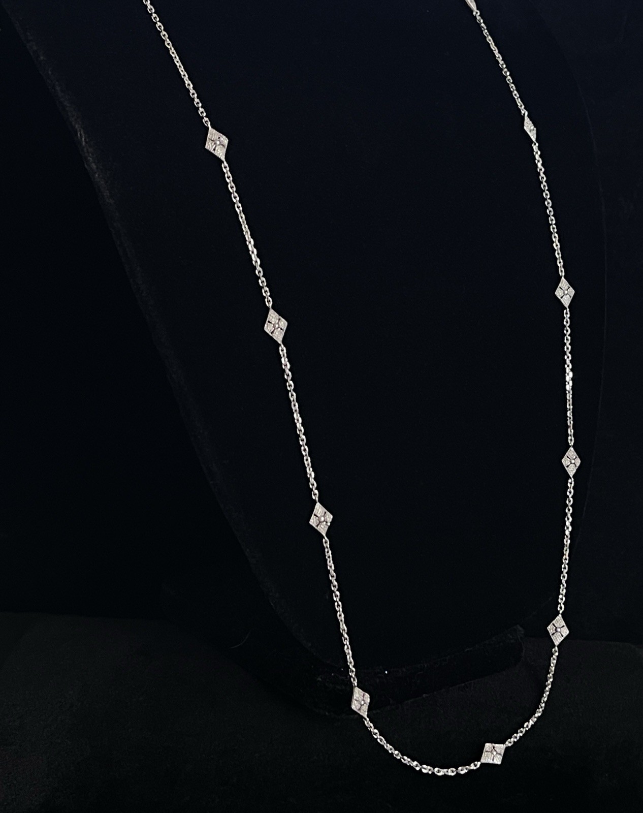 925 Sterling Silver Station Necklace 34″ Diamond Shape Long Chain Signed EA