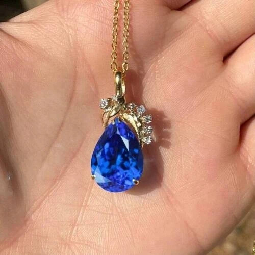 2Ct Pear Cut Lab-Created Blue Tanzanite Cluster Pendant 14K Yellow Gold Plated