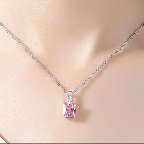 4Ct Emerald Cut Pink Diamond Solitaire Pendant 14K White Gold Finish Free Chain