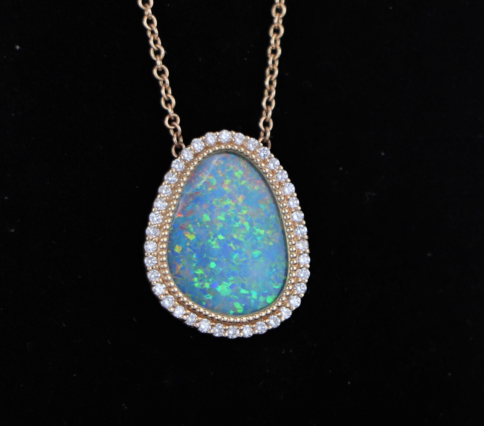 14k Yellow Gold 0.20ct Pave Set Diamond Inlaid Opal Beaded Pendant 16” Necklace