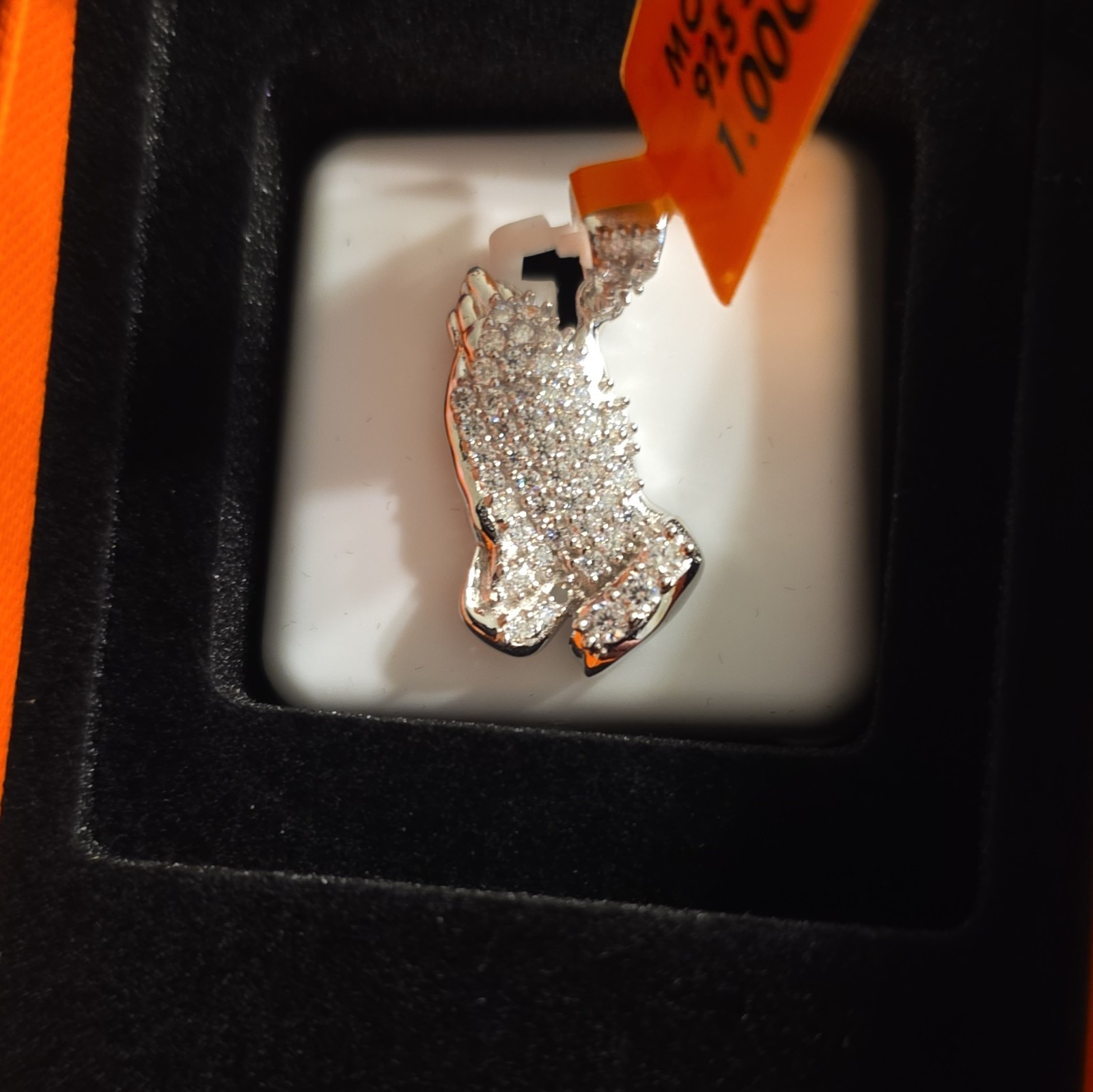 Moissanite 925 Sterling Silver Praying Hands Pendant 1.00 CTW W/Colorless Stone