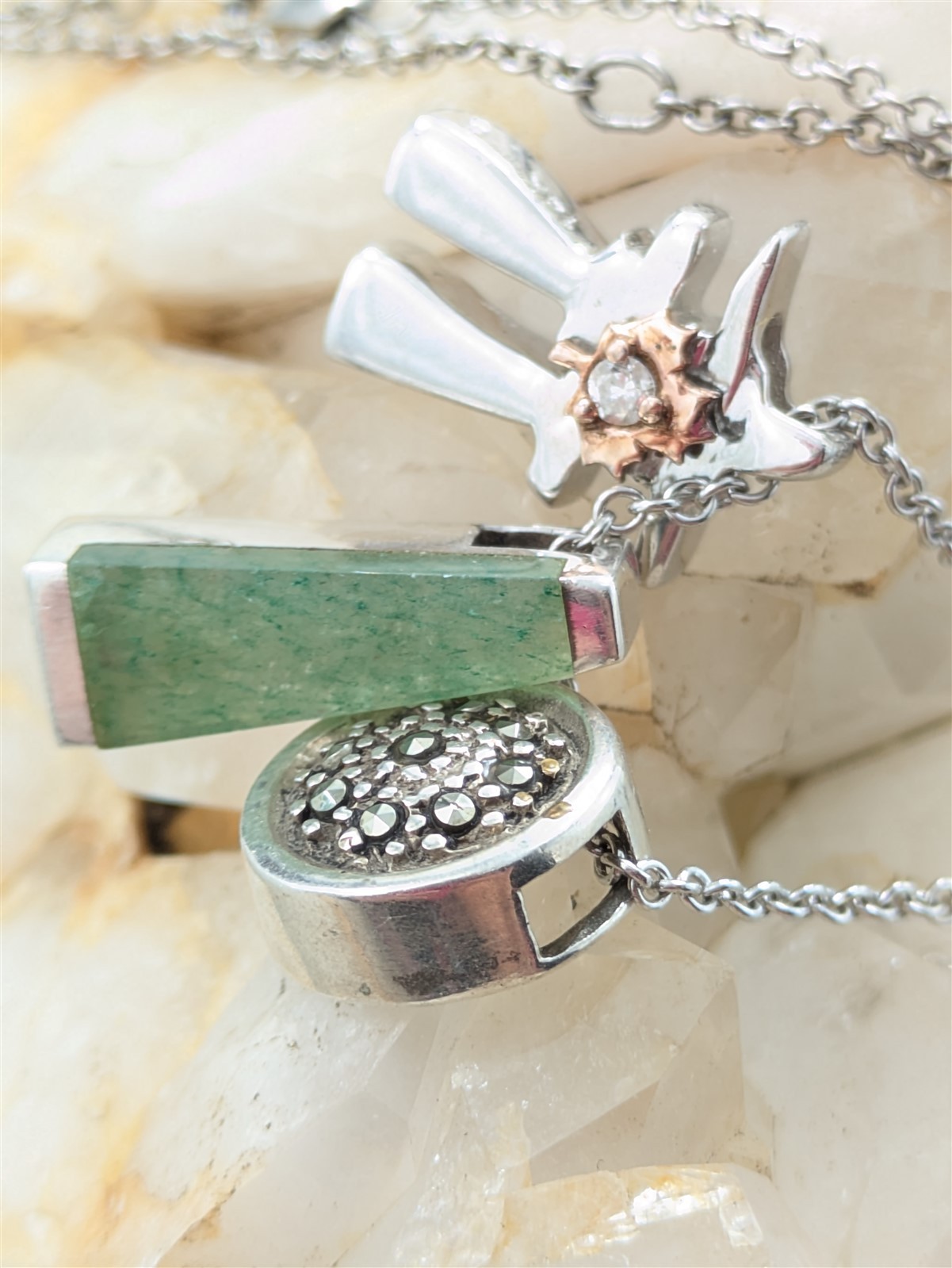 Aurora Sterling Silver 14K Pagoda Jade Marcasite Pendants Necklace 8.3 Grams