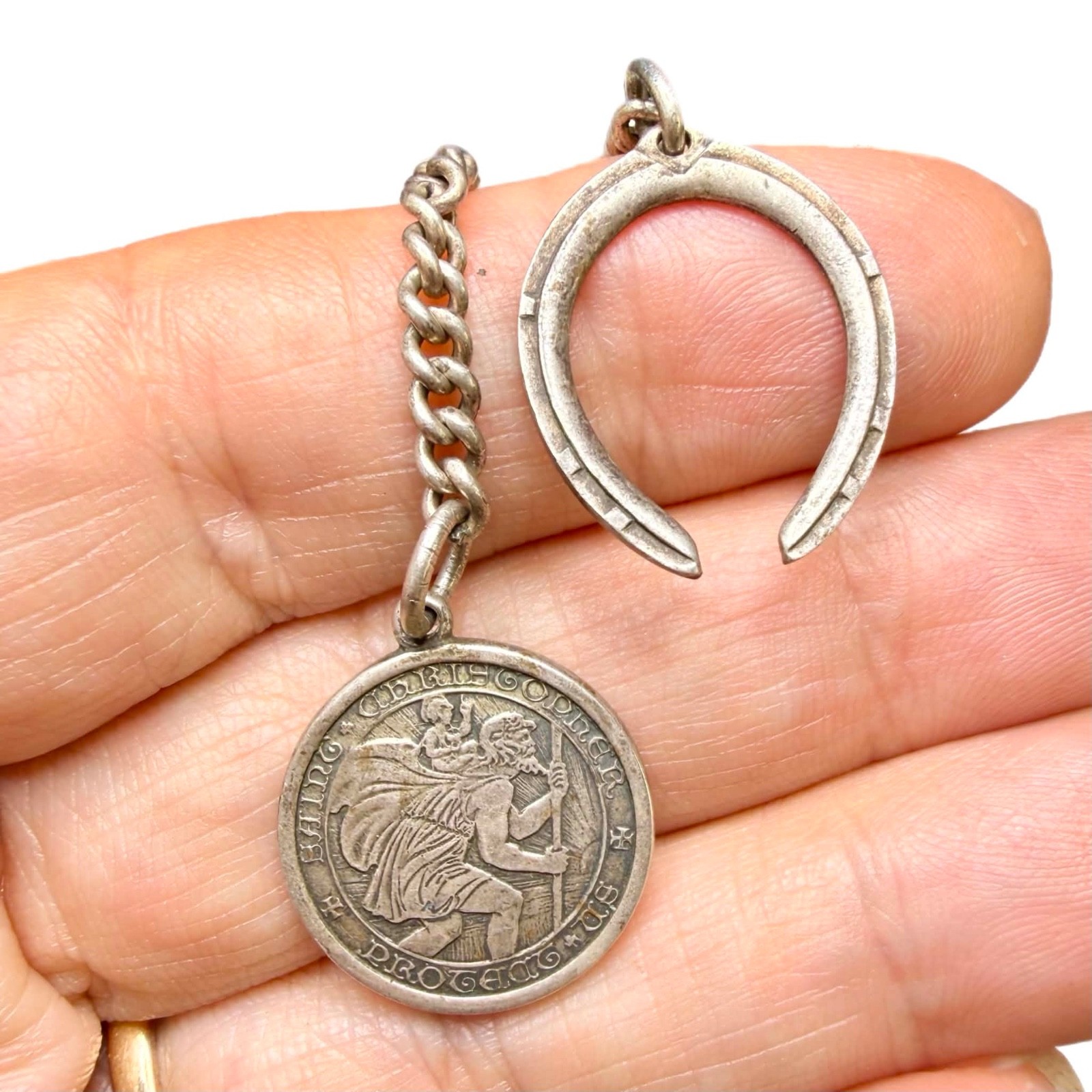 Antique Saint Christopher Medal, Lucky Horseshoe, Sterling Silver Charm