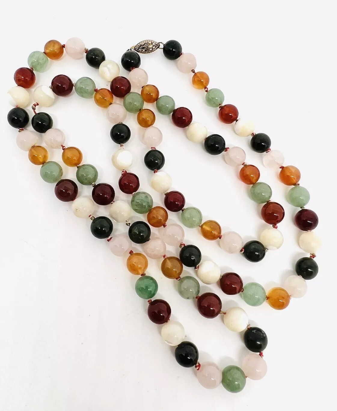 Sterling Silver Carved Multi Gemstone Beaded Necklace 67gm 32 in Vintage Jewelry
