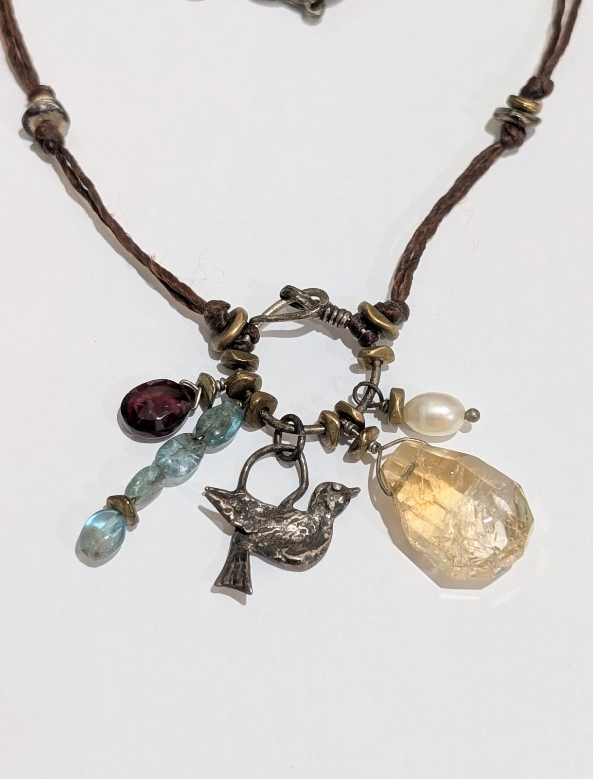 Vtg Boho Sterling Silver Bird Citrine Garnet Aquamarine Pearl 18″ Silk Necklace