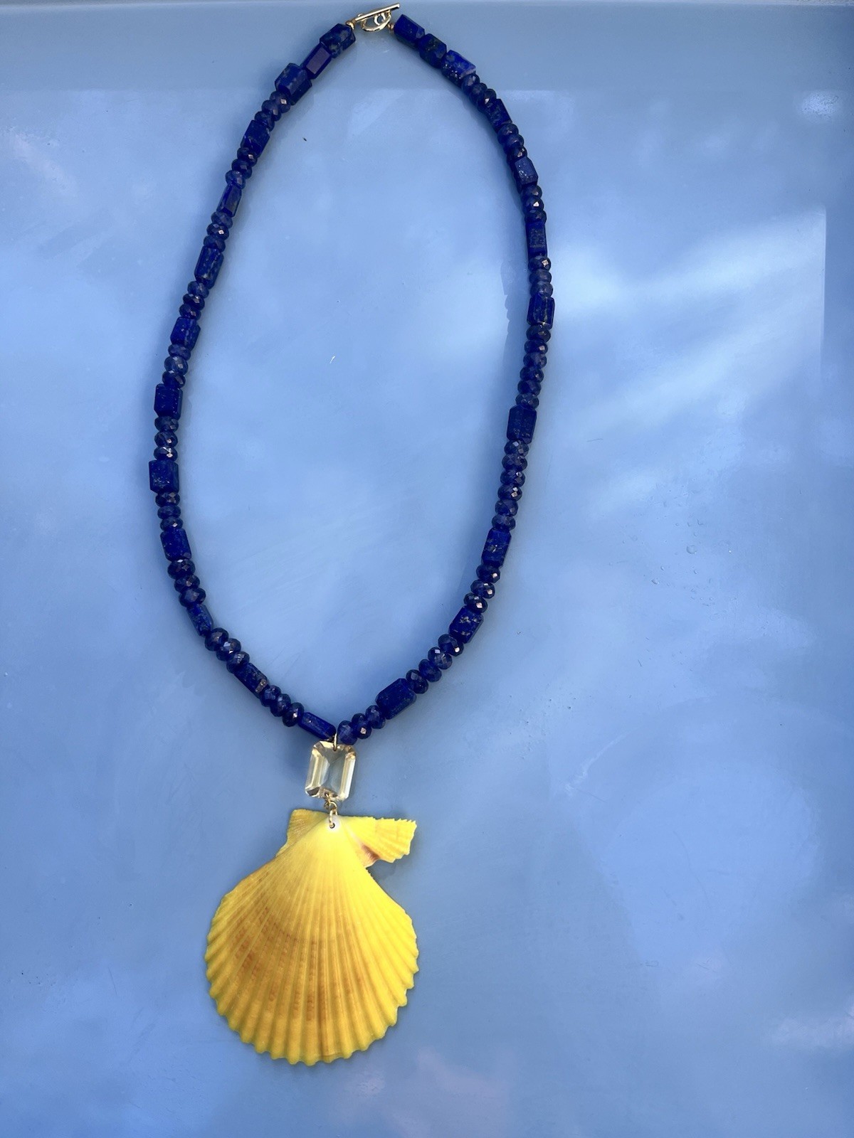 Lapis Kyanite Bead Necklace With Emerald Cut Citrine And Yellow Scallop Shell