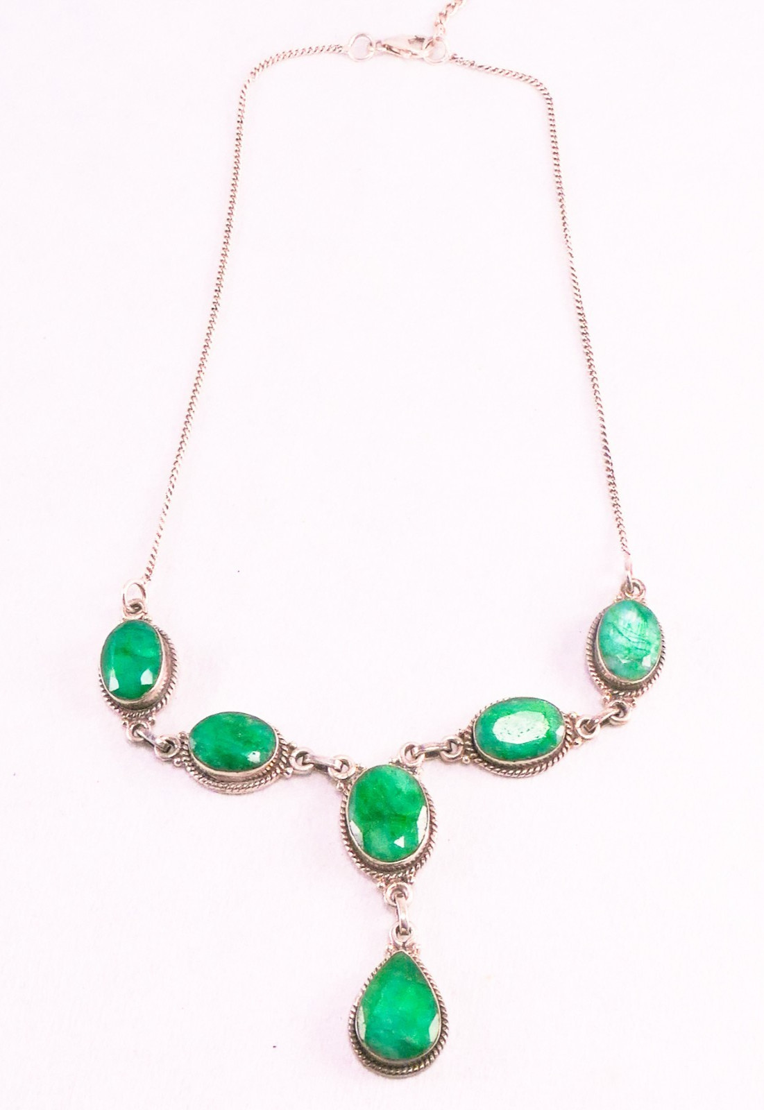925 Sterling Silver Faceted Raw Emerald Y Drop Necklace 16-17″ 26.94 Grams