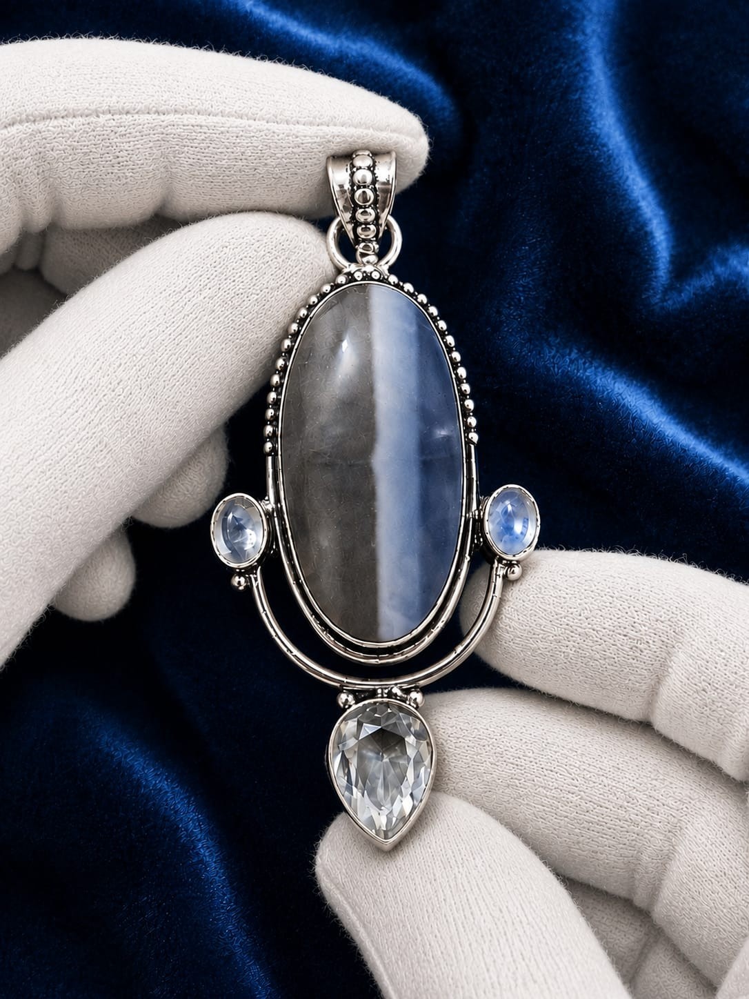 925 Sterling Silver Rainbow Moonstone Blue Moonstone White Topaz Pendant