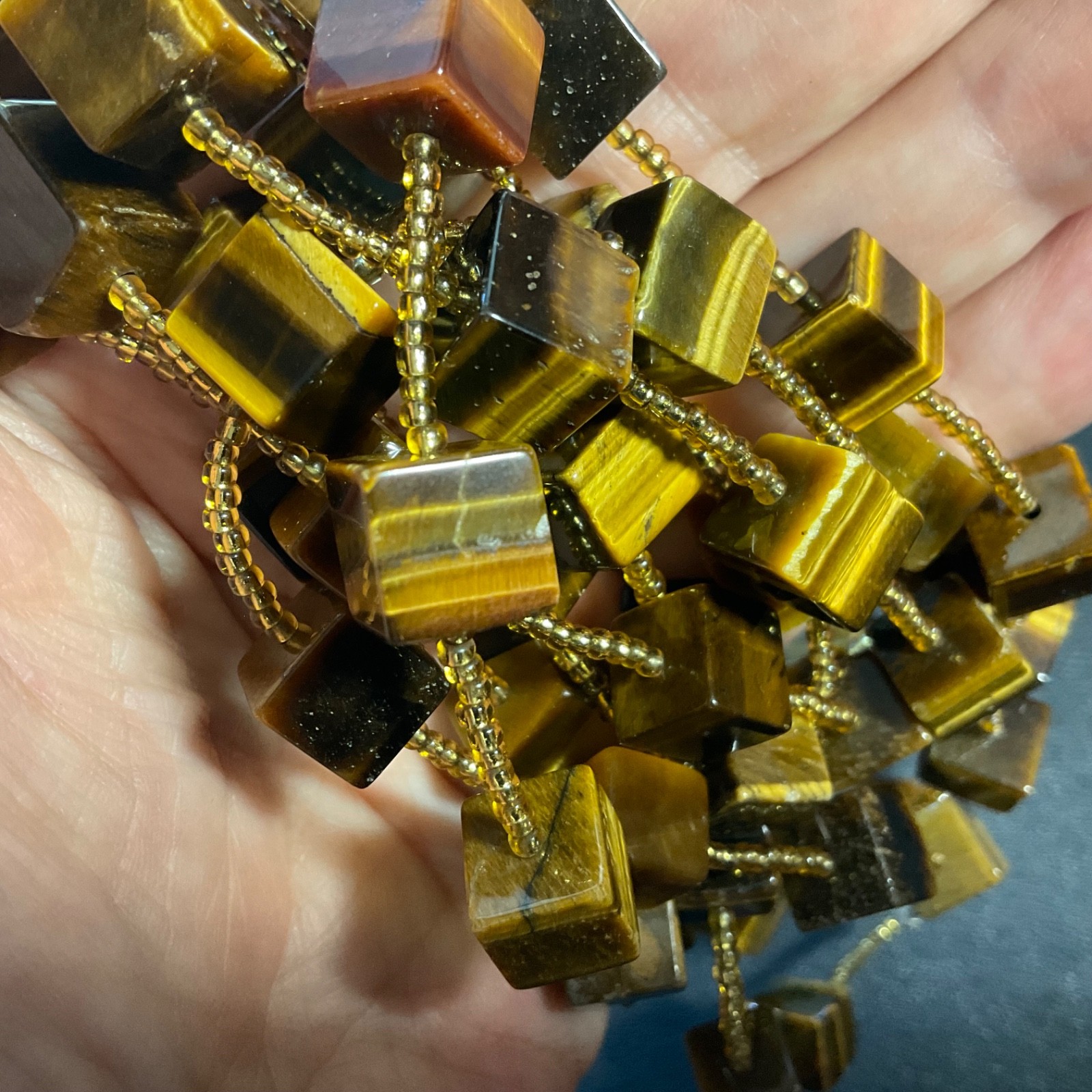 Genuine Tiger’s Eye Cube & Golden Bead Necklace Sterling Silver Toggle 64″ Long