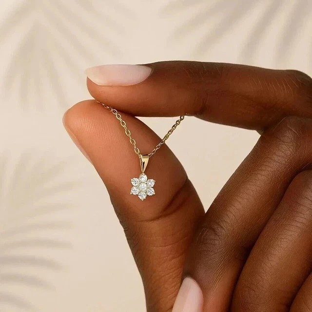 14k Yellow Gold Plated 2 CT Round Cut Moissanite Flower Pendant 18″ Necklace