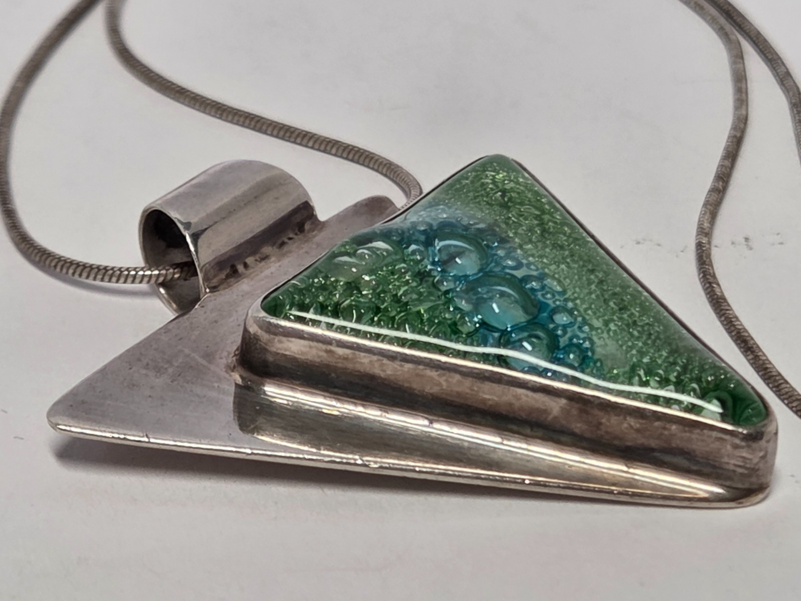 Dichroic Glass Sterling Silver Triangle Pendant Necklace 18″ Green Blue Bubbles
