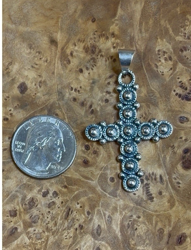 Sterling Silver Beaded Cross Pendant 2” Long Excellent