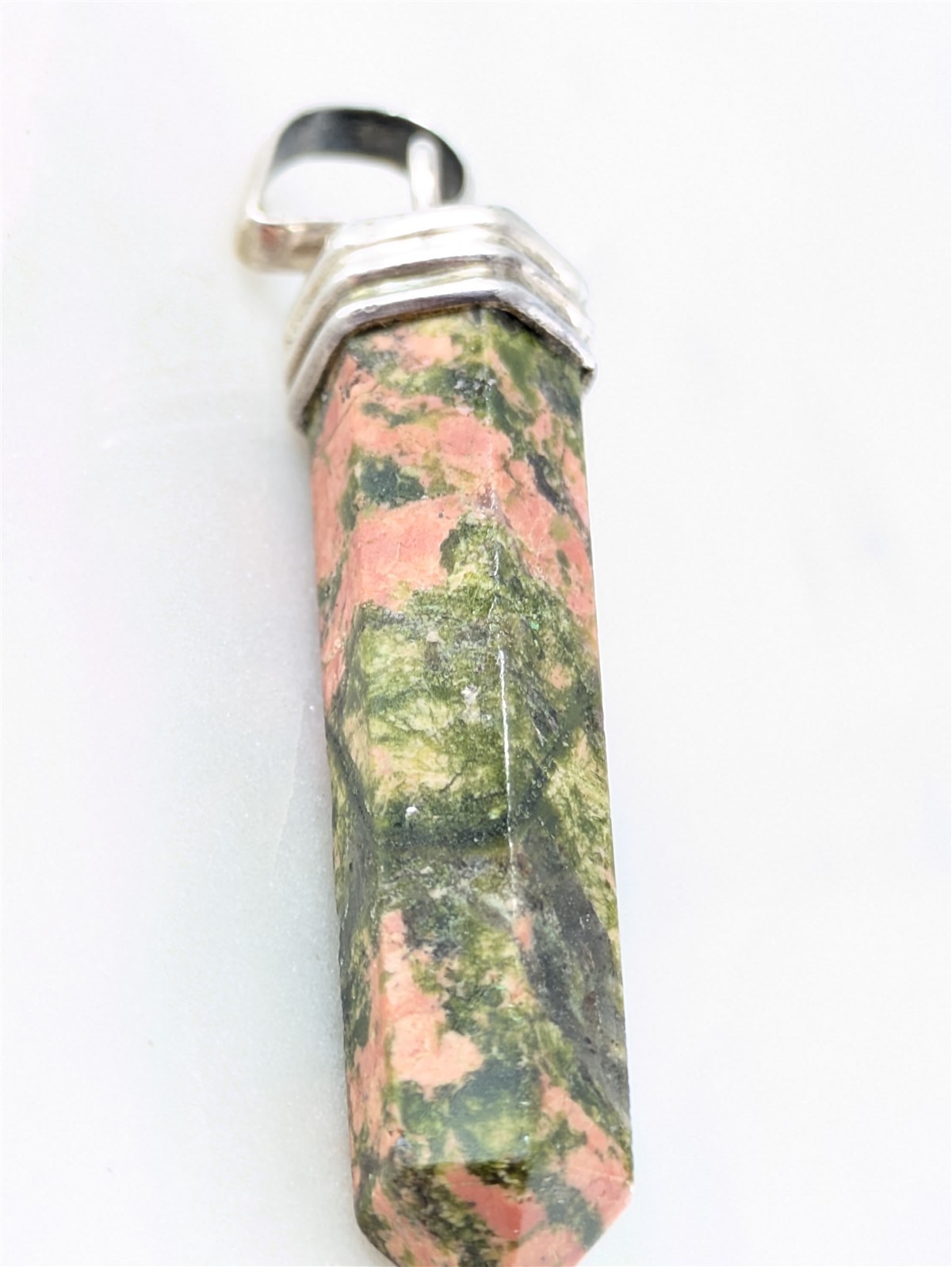 Vintage Solid Sterling Silver Pink Green Unakite Crystal Point Pendant 8 Grams