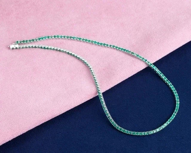 15Ct Round Cut Lab Created Green Emerald Tennis Necklace 14K White Gold Plated