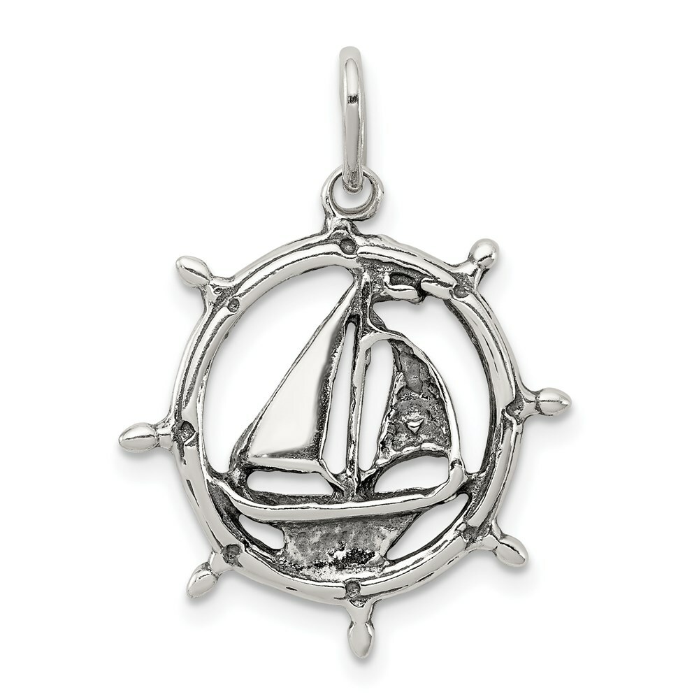 Sterling Silver Antiqued Finish Sailboat in Ships Wheel Charm Pendant 0.95″