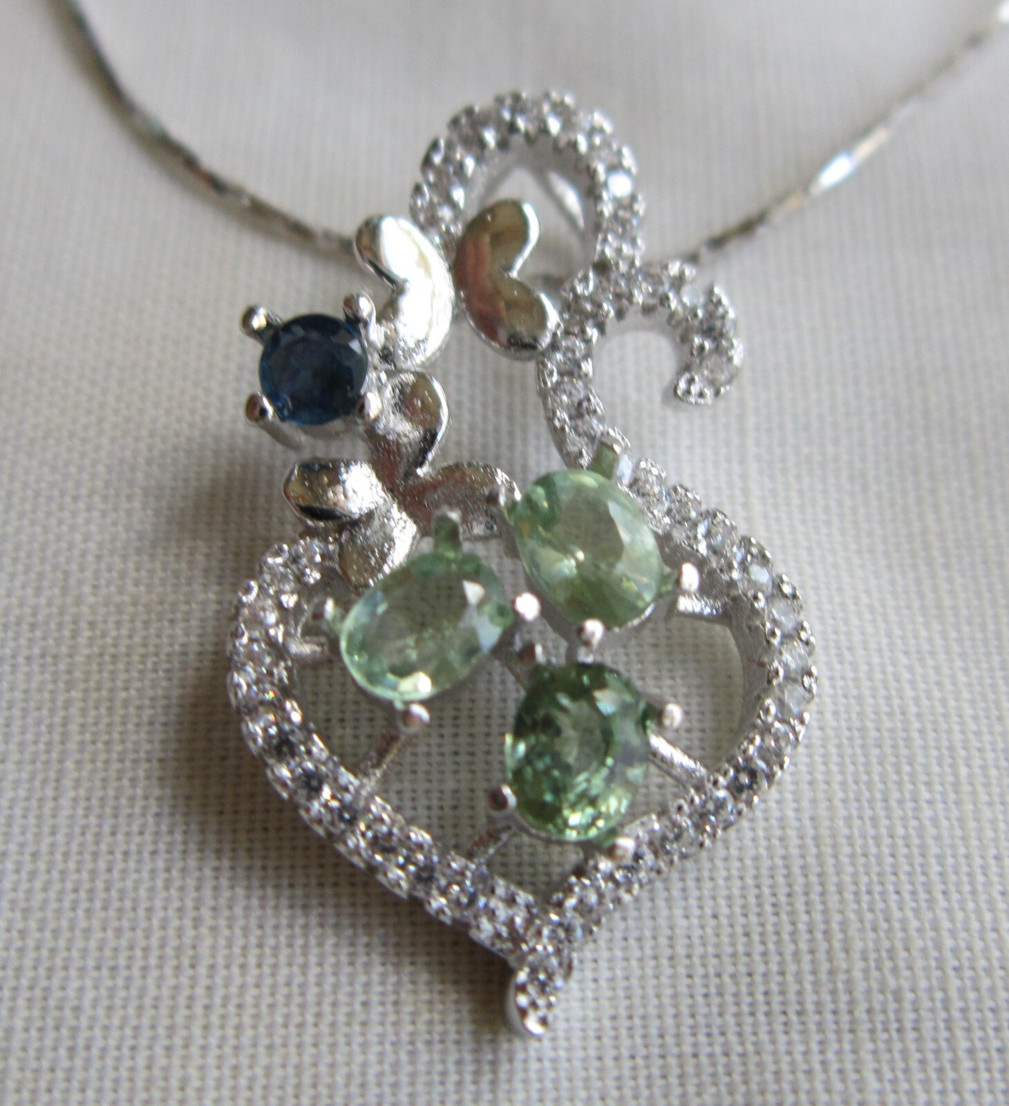 .925 STERLING SILVER GENUINE GREEN & BLUE SAPPHIRE / LC DIAMOND PENDANT NECKLACE