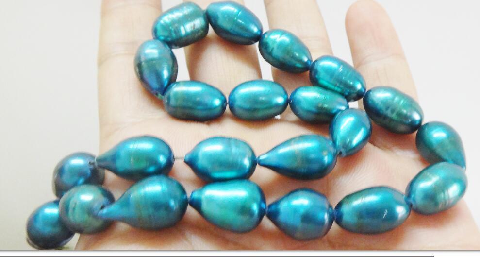 Huge 22″10x14mm natural south sea genuine green blue peacock pearl necklace 14K