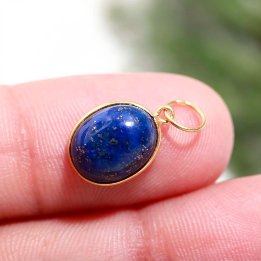 Cabochon Lapis Lazuli Gemstone 14k Yellow Gold Handmade Pendant Necklace For Her