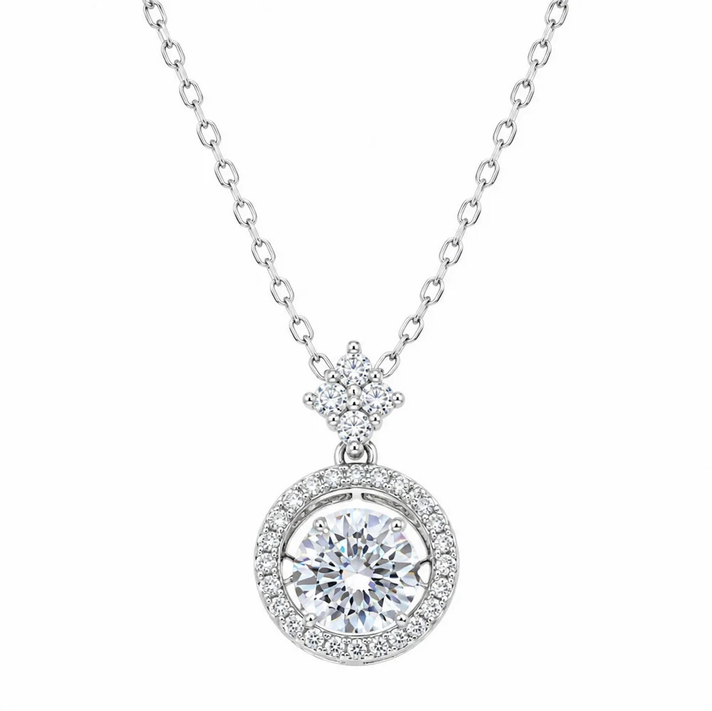 Rhodium Plated 925 Silver Dancing Moissanite Stone Pendant Necklace