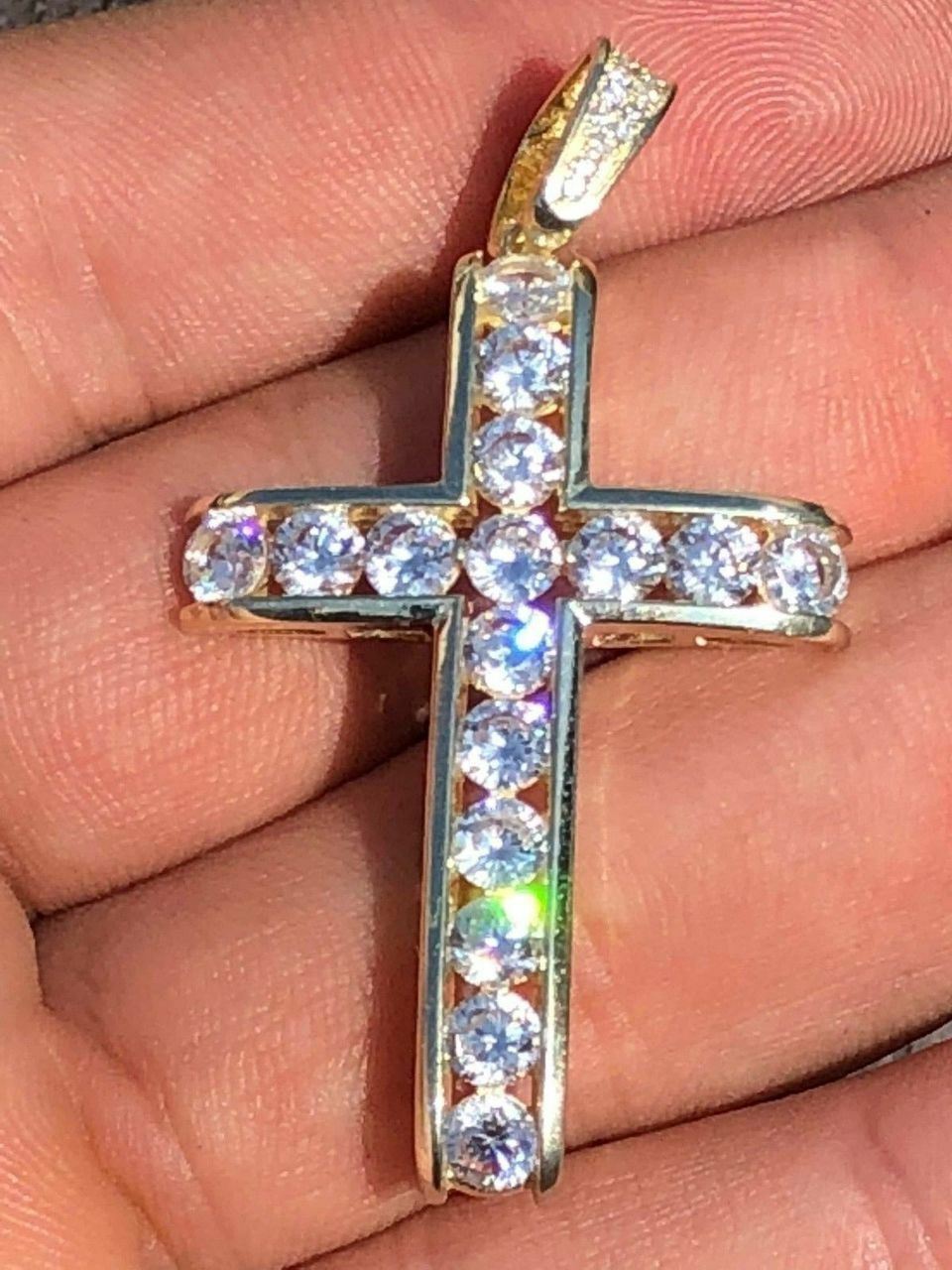 14k Gold Plated Real Solid 925 Silver Channel Set Cross CZ W. Chain Men’s ICY